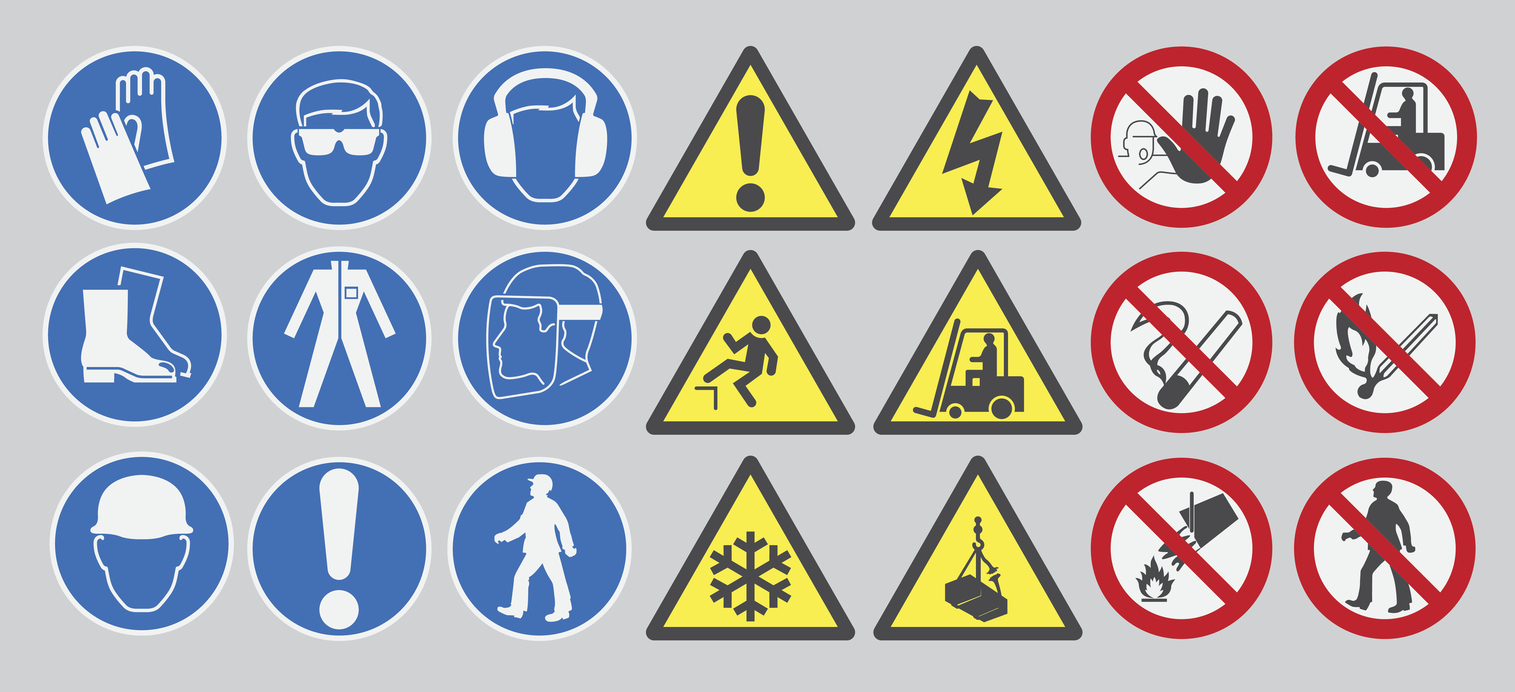  A collage of safety symbols commonly found in a laboratory, including those for wearing gloves, safety glasses, hard hats, and proper footwear.